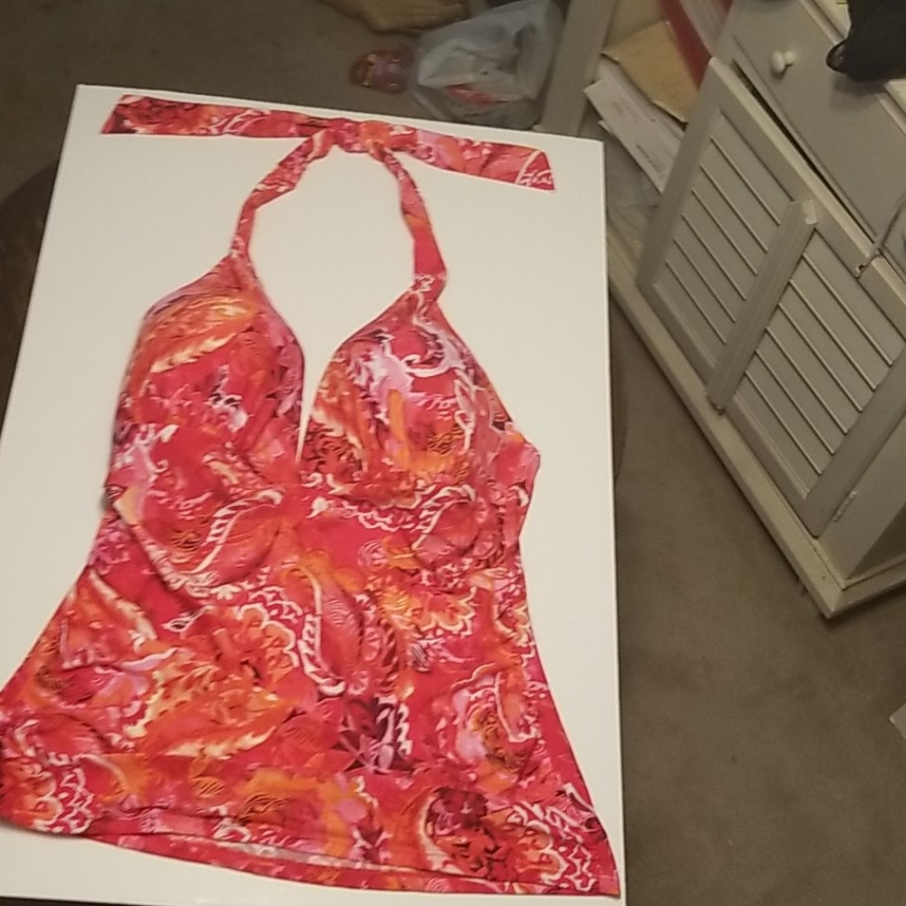 Lauren Ralph Lauren Pink Red Orange Printed Halter Tankini Top